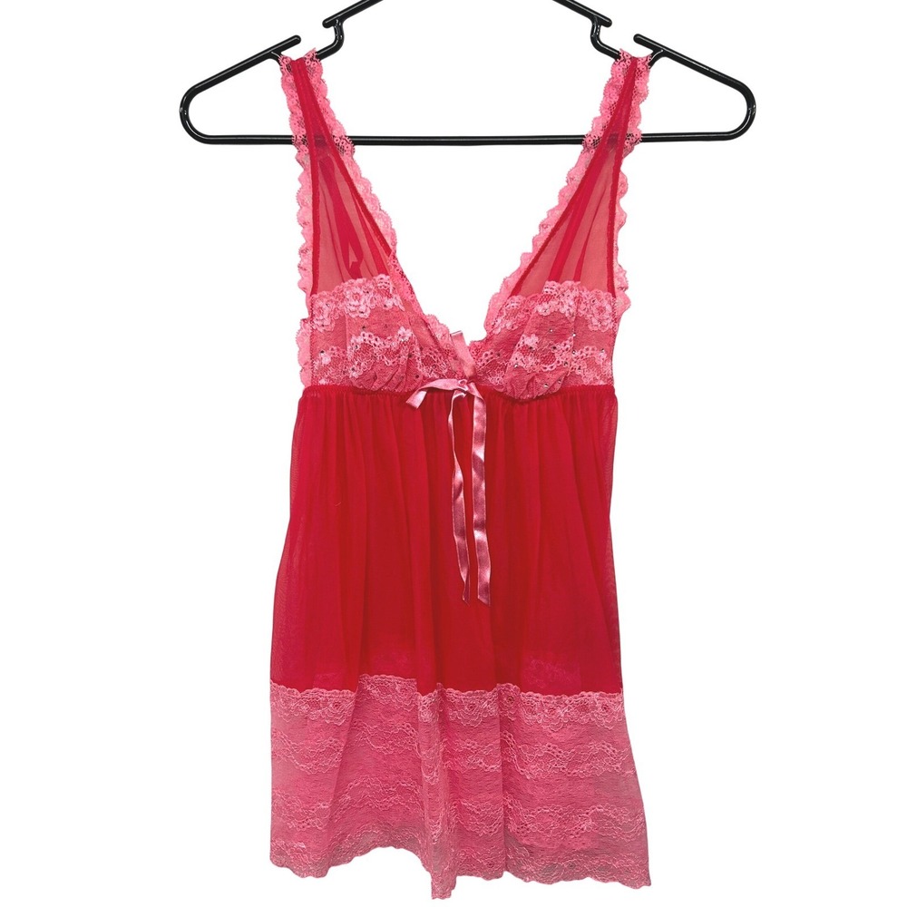 Victoria Secret Pink Lace Sheer Babydoll Top Bow Trim‎ S Y2K Coquette Romantic